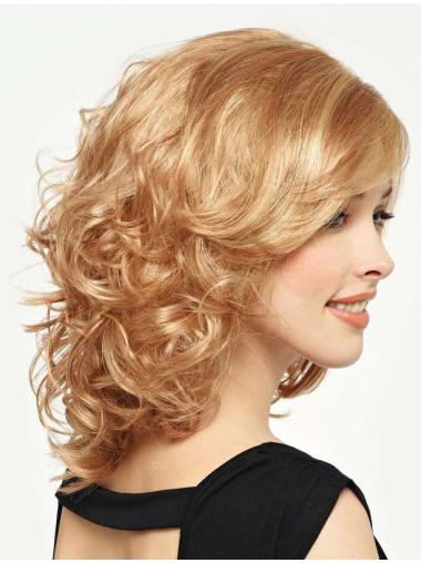 Curly Wig With Bangs Shoulder Length Blonde Color With Capless