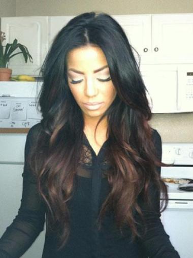 Long Ombre/2 Tone Wavy Without Bangs No-Fuss African American Wigs