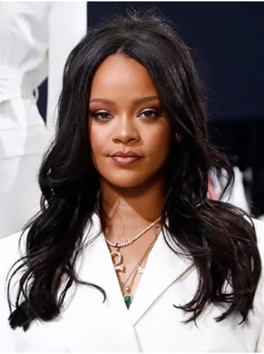 16" Without Bangs Wavy Long Black Durable Rihanna Wigs