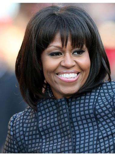 Straight Chin Length Lace Front Black 12" With Bangs Synthetic New Michelle Obama Wigs