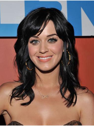 Wavy Long Lace Front Black 16" Without Bangs Remy Human Hair Soft Katy Perry Wigs
