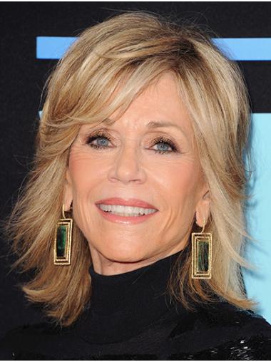 Without Bangs Blonde Shoulder Length 14" Full Lace Straight Top Jane Fonda Wigs