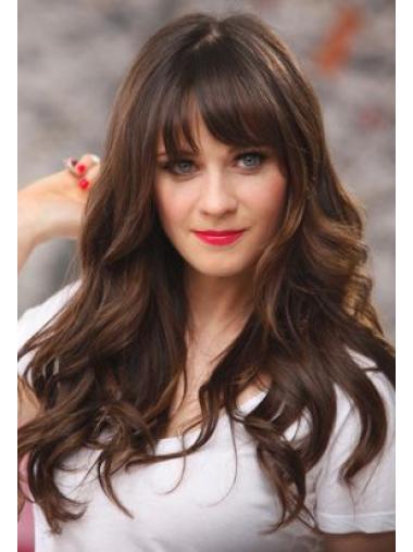 Remy Human Hair Brown Wavy 20" Long With Bangs Popular Zooey Deschanel Wigs