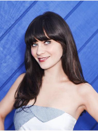 Synthetic Black Straight 18" Long With Bangs Soft Zooey Deschanel Wigs
