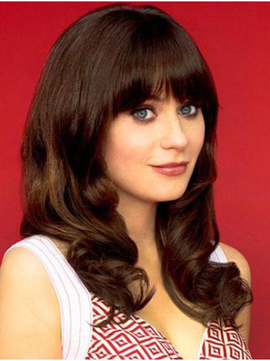 Synthetic Brown Curly 16" Shoulder Length With Bangs Soft Zooey Deschanel Wigs