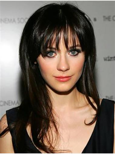 Remy Human Hair Black Straight 18" Long With Bangs Discount Zooey Deschanel Wigs