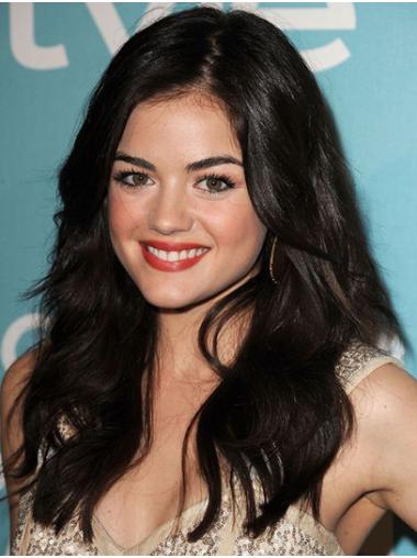 Remy Human Hair Black Wavy 18" Long Without Bangs Flexibility Lucy Hale Wigs