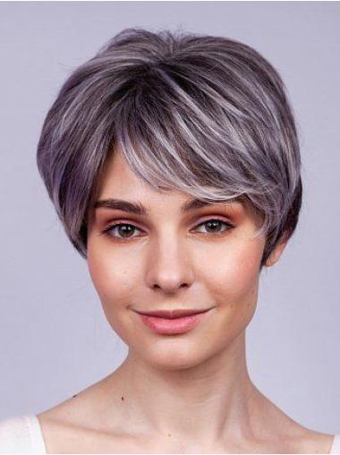 Remy Human Hair Capless Straight 6" Woman Grey Wigs