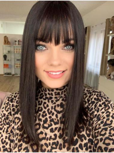 Straight 20" Black With Bangs Human Hair Wigs Only