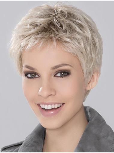 Synthetic Incredible Cropped Platinum Blonde Wavy Monofilament Wigs