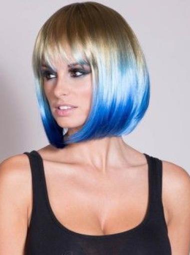 Discount Ombre/2 Tone Short Straight With Bangs 14" Human Lace Wigs