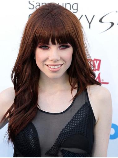 Carly Rae Jepsen Wigs With Bangs Long Length Wavy Style Auburn Color