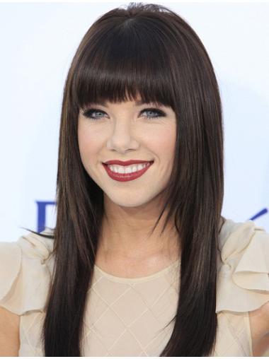 Human Hair Carly Rae Jepsen Wigs 100% Hand Tied Black Color With Bangs