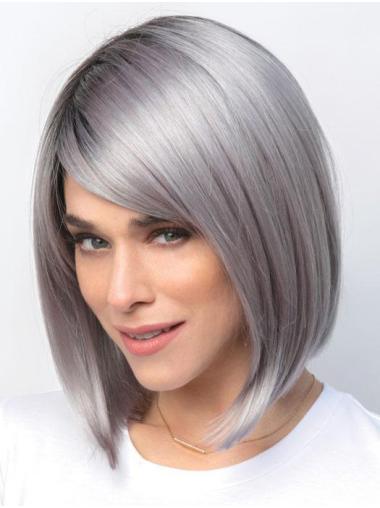 Chin Length 10" Perfect Straight Monofilament Grey Wigs