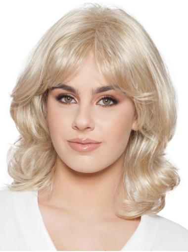 Fashionable With Bangs Platinum Blonde Shoulder Length 14" Medium Wigs