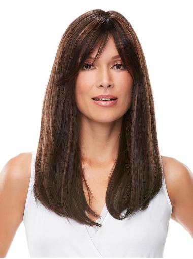 Cheap 18" Long Brown With Bangs 100% Hand-tied Wigs
