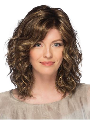 14" Curly Shoulder Length Brown With Bangs Monofilament Wigs For Women