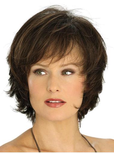 Short Monofilament Brown With Bangs Wavy Comfortable Lace Wigs