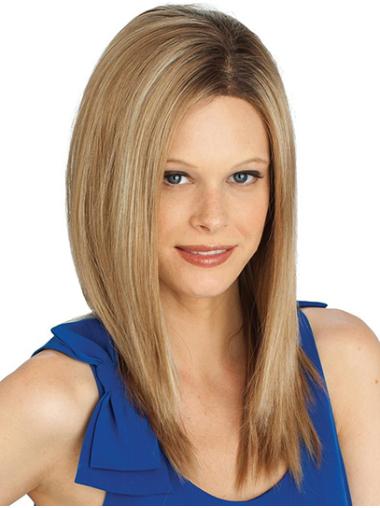14" Straight Shoulder Length Blonde Without Bangs Natural Monofilament Wigs