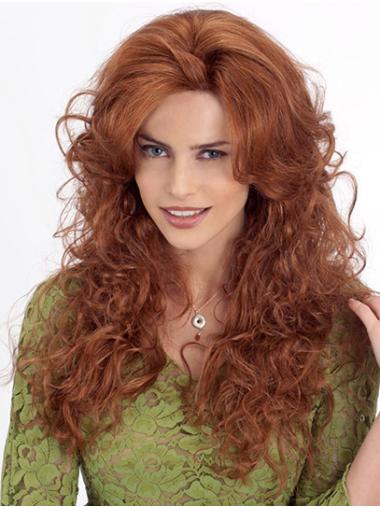 Curly Without Bangs Synthetic Auburn Monofilament Long Wigs