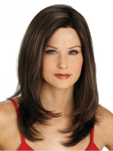 14" Straight Shoulder Length Brown Without Bangs Medium Wigs For Women