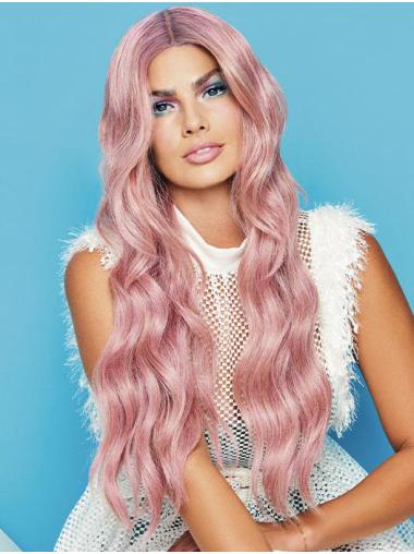 Wavy Monofilament Synthetic Pink 22" Without Bangs Suitable Long Wigs