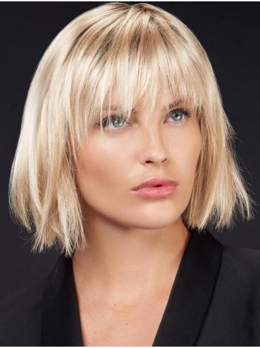 Chin Length Platinum Blonde Bobs Synthetic Straight 100% Hand-Tied Stylish Lace Wigs