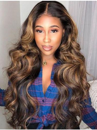 100% Human Hair Wavy 26" Lace Front Wig With Highlights Pre Plucked For Women