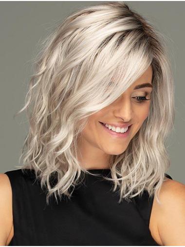 14" Shoulder Length Platinum Blonde Wavy Synthetic Affordable Lace Front Wigs