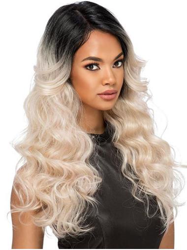 18" Wavy Black to Grey With Bangs Long Wigs For African American Women