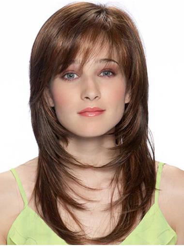 Straight Brown Layered Monofilament 16" Synthetic Women Long Wigs