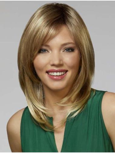 Shoulder Length Blonde Straight 14" With Bangs Synthetic Wigs For Women