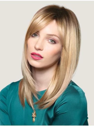Blonde 16" Convenient Long Straight With Bangs Lace Wigs