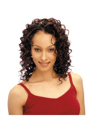 Shoulder Length Auburn Curly Without Bangs Sleek African American Wigs