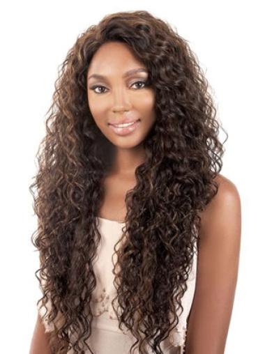 Long Brown Kinky Without Bangs Durable African American Wigs