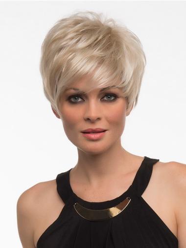 Short Synthetic Wigs With Bangs Blonde Color Straight Style