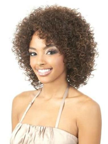 Amazing Brown Shoulder Length Without Bangs Curly Glueless Lace Front Wigs