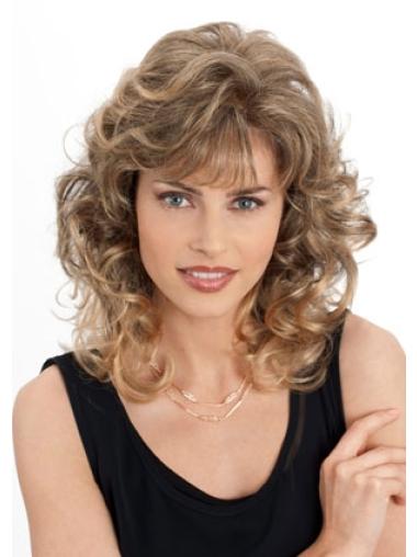 UK Cheap Monofilament Wigs With Bangs Wavy Style Blonde Color