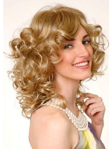 Layered Blonde Curly Shoulder Length 16" Durable Medium Wigs