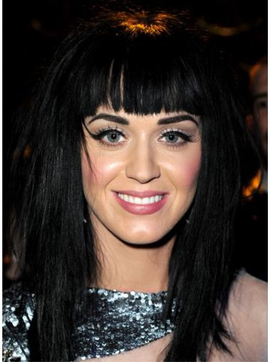 17" Affordable Black Long Straight With Bangs Katy Perry Wigs