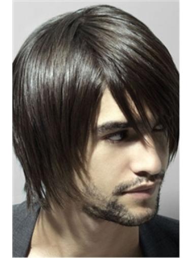 12" Capless Remy Human Brown Straight Mens Long Wigs