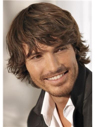 Brown Remy Human Short Wavy Monofilam Cheap Wigs For Men