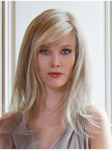 Long Straight With Bangs Blonde Sleek 100% Hand-tied Wigs