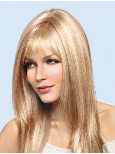 16" Blonde Remy Human Straight With Bangs Hand Tied Lace Wigs