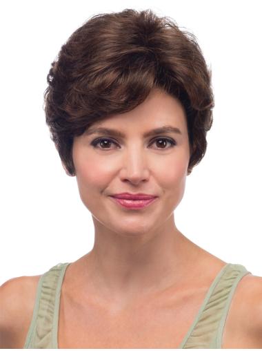 8" Brown Short With Bangs Wavy High Quality Lace Wigs