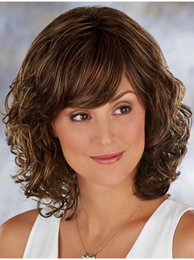 Brown Shoulder Length Wavy With Bangs 13" High Quality Medium Wigs