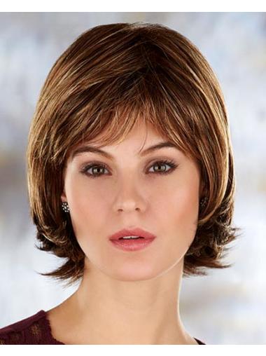 Brown Chin Length Straight With Bangs 10" Durable Medium Wigs