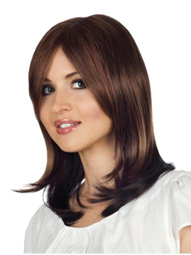 Monofilament Wavy With Bangs Shoulder Length 14" Style Human Hair Wigs