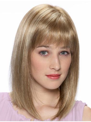 Blonde Shoulder Length Straight With Bangs 14" Cheap Medium Wigs