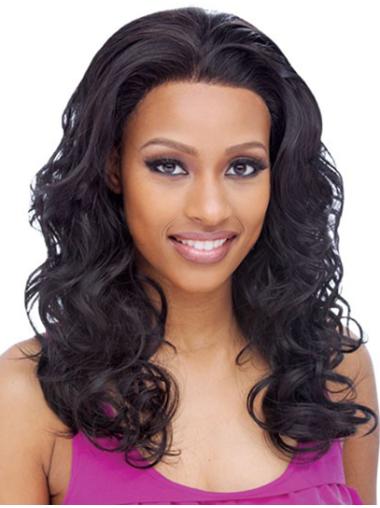 20" Black Long Without Bangs Curly Natural Lace Wigs